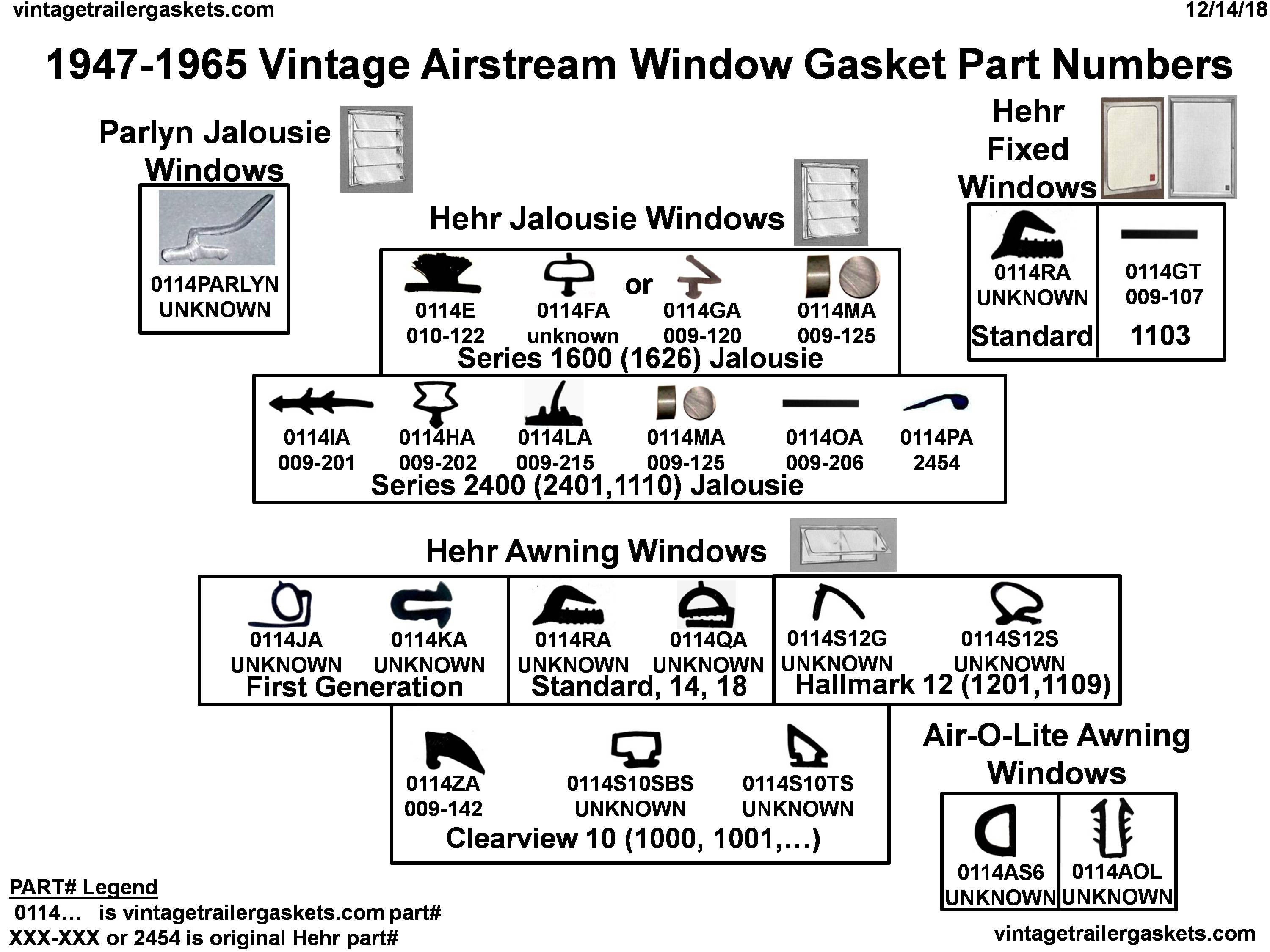 1947 to 1965 Vintage Airstream Window Gasket Part Numbers